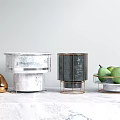 Elegant Ceramic Vessels with Marble Texture and Gold Accents on Kitchen Counter with Fresh Fruits