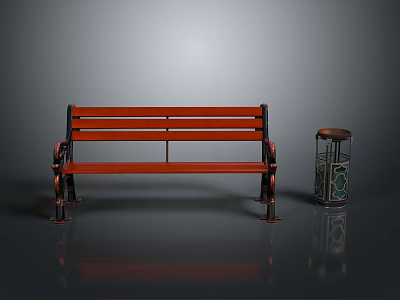 Red Wooden Bench With Metal Legs And Trash Can On Reflective Floor Gray Background 3d model