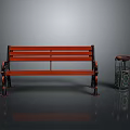 Red Wooden Bench With Metal Legs And Trash Can On Reflective Floor Gray Background
