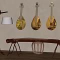 Traditional String Instruments Wall Mounted With Floor Lamp And Wooden Zither Stand