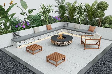 Courtyard Landscape Flower Pond Courtyard Card Seat Landscape Plants 3d model