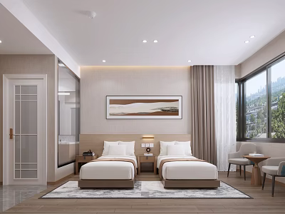 Modern Hotel Room Interior With Twin Beds Nightstands Wall Art And Window View 3d model