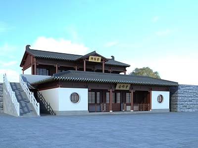 Chinese Ancient Architecture With Traditional Curved Eaves Roof White Walls Wooden Structure Stone Stairs And Decorative Plaque 3d model