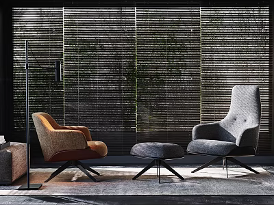 Modern Leisure Sofa Set With Grey Brown Accent Chairs And Ottoman By Window Blinds 3d model