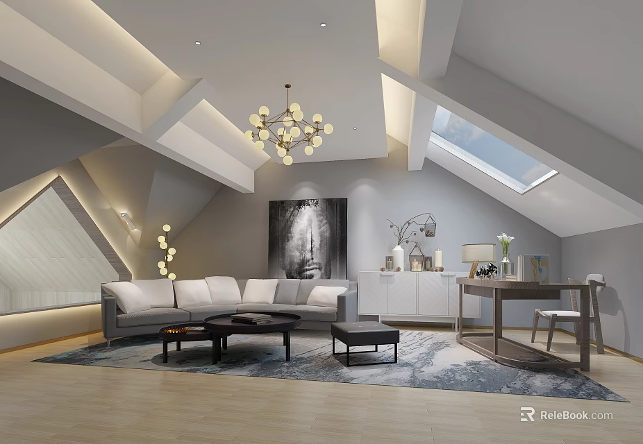 Modern Sloped Ceiling Lounge Room With Gray Sofa Coffee Table Decorative Painting And Chandelier 3d model 