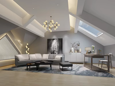 Modern Sloped Ceiling Lounge Room With Gray Sofa Coffee Table Decorative Painting And Chandelier 3d model