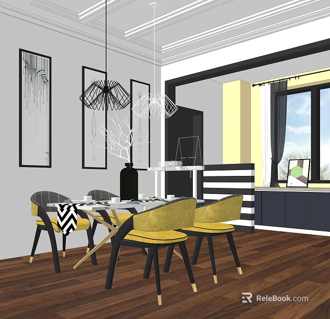 Modern Dining Table Set With Yellow Chairs Pendant Lights And Wall Art 3d model 