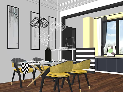 Modern Dining Table Set With Yellow Chairs Pendant Lights And Wall Art 3d model