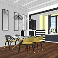 Modern Dining Table Set With Yellow Chairs Pendant Lights And Wall Art