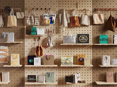 Stylish Bags and Boxes Hanging on Pegboard Wall with Shelves and Welcome Sign 3d model