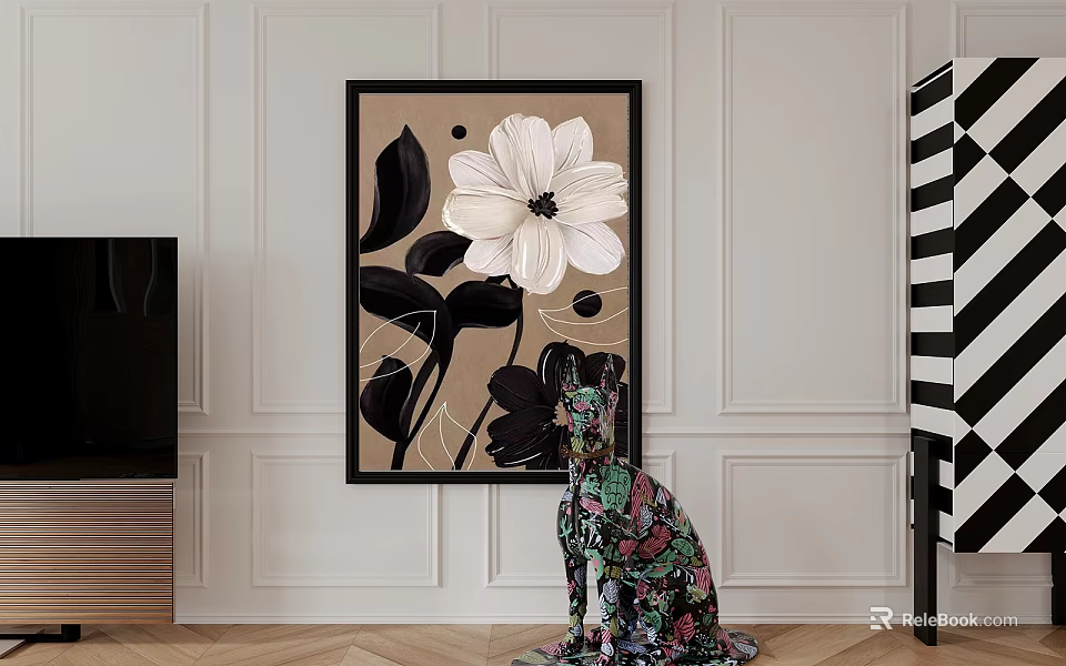 Abstract Painting With White Flower Black Brown Leaves On Wall Interior Decor 3d model 
