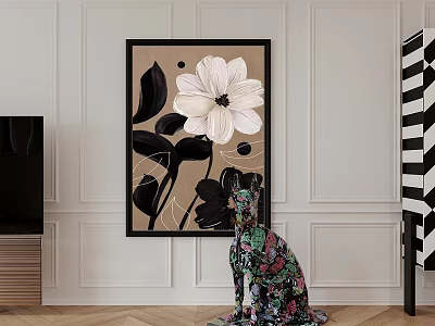 Abstract Painting With White Flower Black Brown Leaves On Wall Interior Decor 3d model