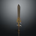 Ornate Medieval Sword Featuring Intricate Golden Engravings And Decorative Blade Design