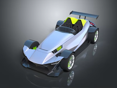 Sleek Silver Open Top Race Car With Yellow Seats And Green Wheels 3d model
