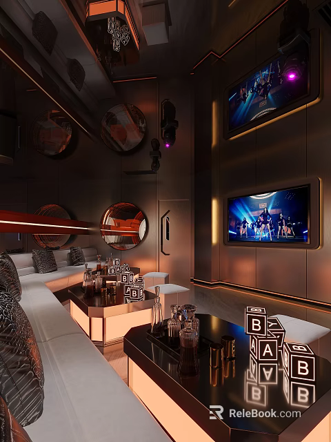Luxury KTV Interior Design With Modern Sofa Seating Large TV Screen And Lighting Effects 3d model 