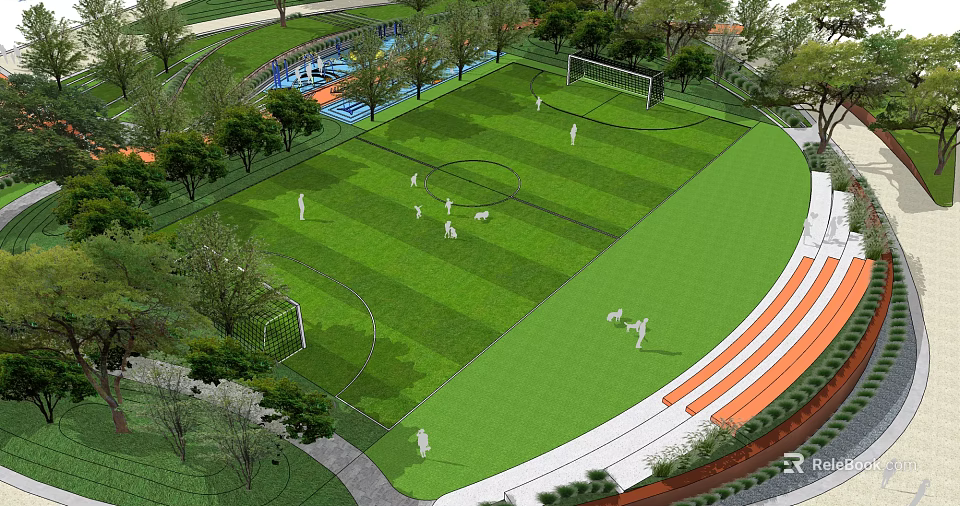 Green Football Field With Players Training Goalposts And Surrounding Trees And Stands 3d model 