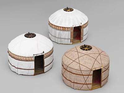 Traditional Yurts Featuring Different Styles White Brown Exteriors Circular Top And Dark Doors 3d model