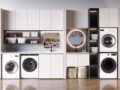Modern Laundry Room Design With Washing Machines Cabinets And Storage Baskets 3d model
