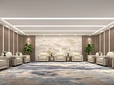 Modern Hotel Public Lounge Area With Beige Sofas Coffee Tables Patterned Wall And Green Plants 3d model
