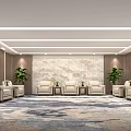 Modern Hotel Public Lounge Area With Beige Sofas Coffee Tables Patterned Wall And Green Plants