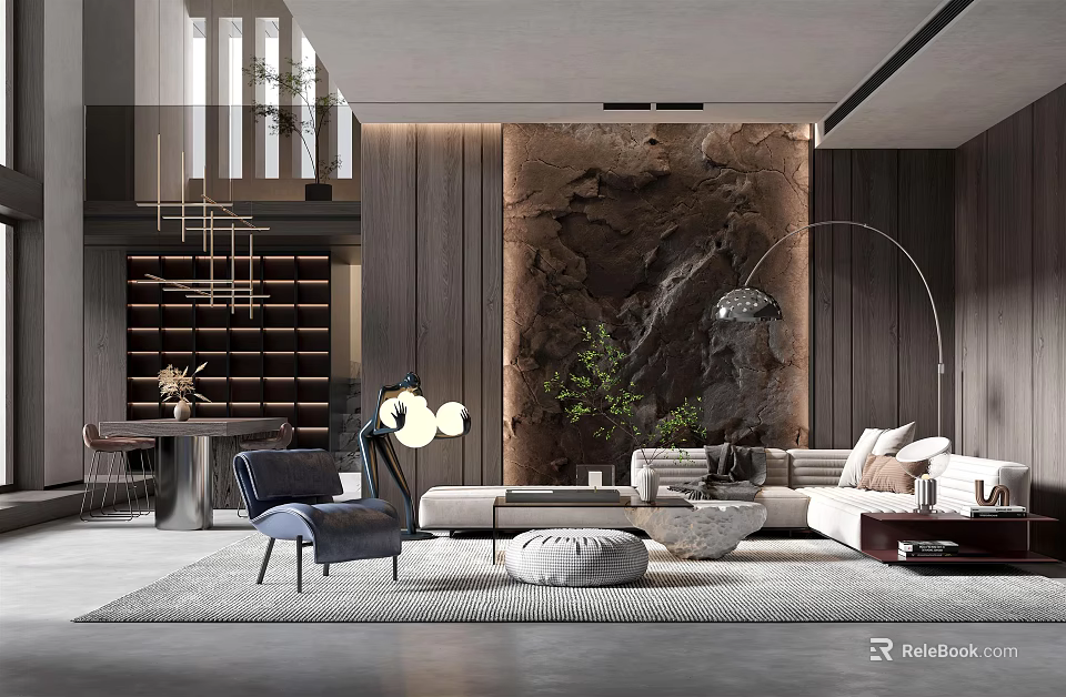 Modern Duplex Living Room Interior With Feature Wall Sofa Area Rug And Floor Lamp 3d model 