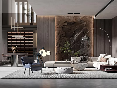Modern Duplex Living Room Interior With Feature Wall Sofa Area Rug And Floor Lamp 3d model
