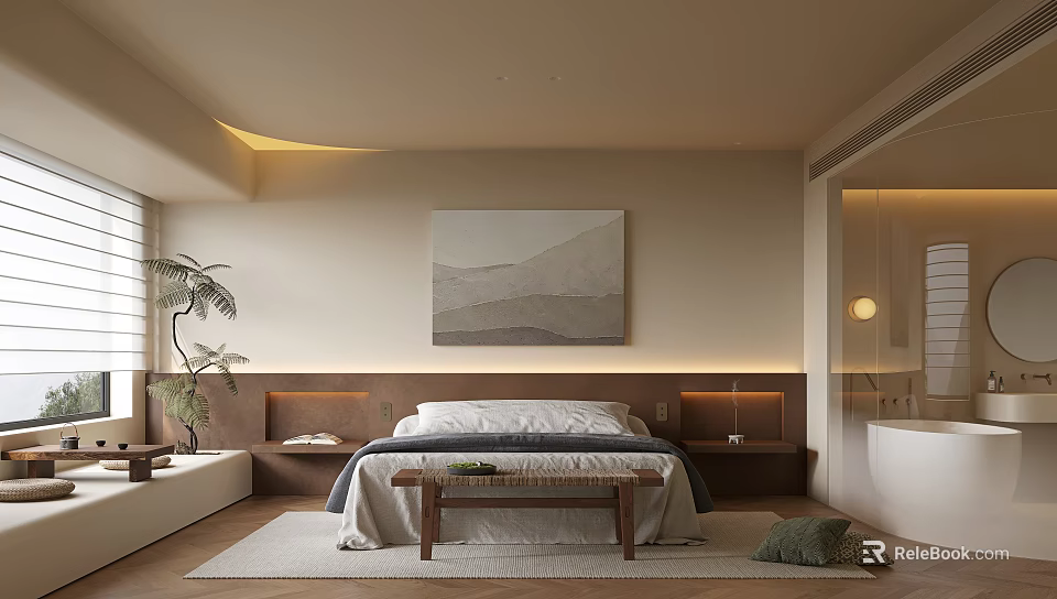 Modern Elegant Hotel Room With Beige Walls Bedhead Wall Bed Rug Plant And Artwork 3d model 