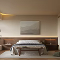 Modern Elegant Hotel Room With Beige Walls Bedhead Wall Bed Rug Plant And Artwork