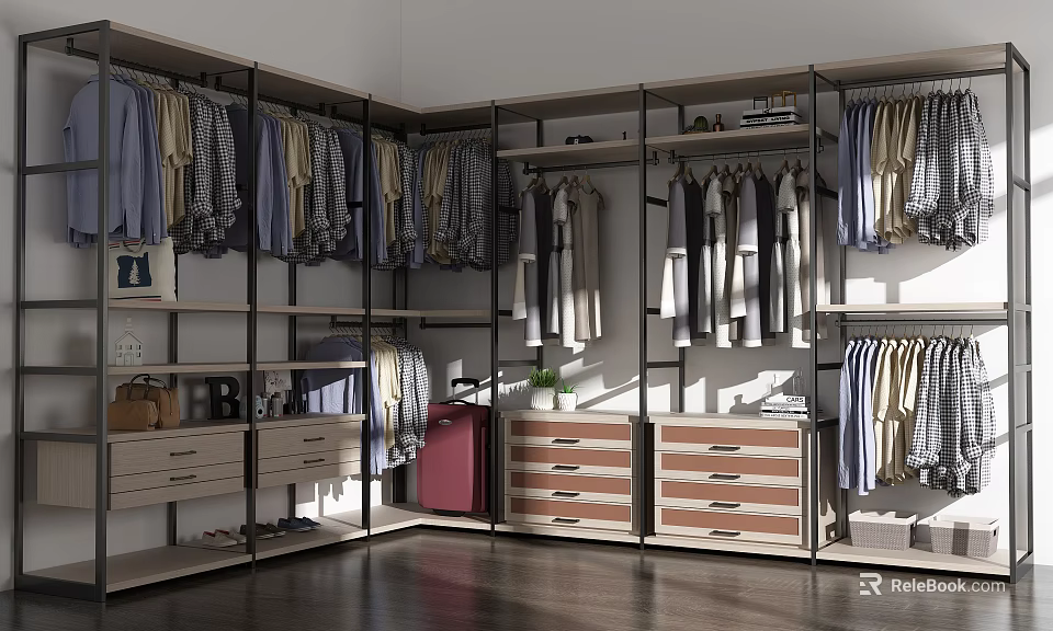 Modern Open Wardrobe Design With Hanging Clothes Drawers And Storage Shelves 3d model 