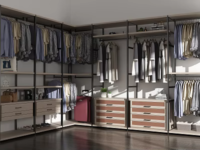 Modern Open Wardrobe Design With Hanging Clothes Drawers And Storage Shelves 3d model