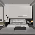 Modern Bedroom Interior With Gray Bed Headboard LED Strip Desk Green Chair Wardrobe And Blinds
