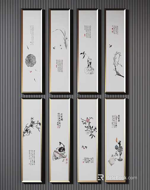 Traditional Chinese Ink Paintings With Birds Flowers Bamboo And Plum Blossoms As Wall Decor 3d model 