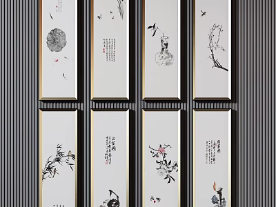 Traditional Chinese Ink Paintings With Birds Flowers Bamboo And Plum Blossoms As Wall Decor 3d model