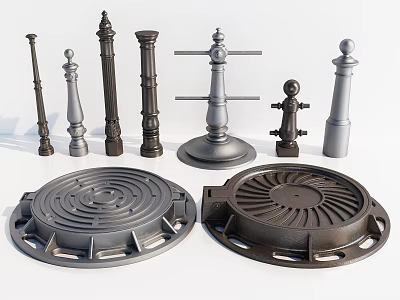 Road Facilities Featuring Cast Iron Manhole Covers And Diverse Bollard Styles For Urban Roadways 3d model