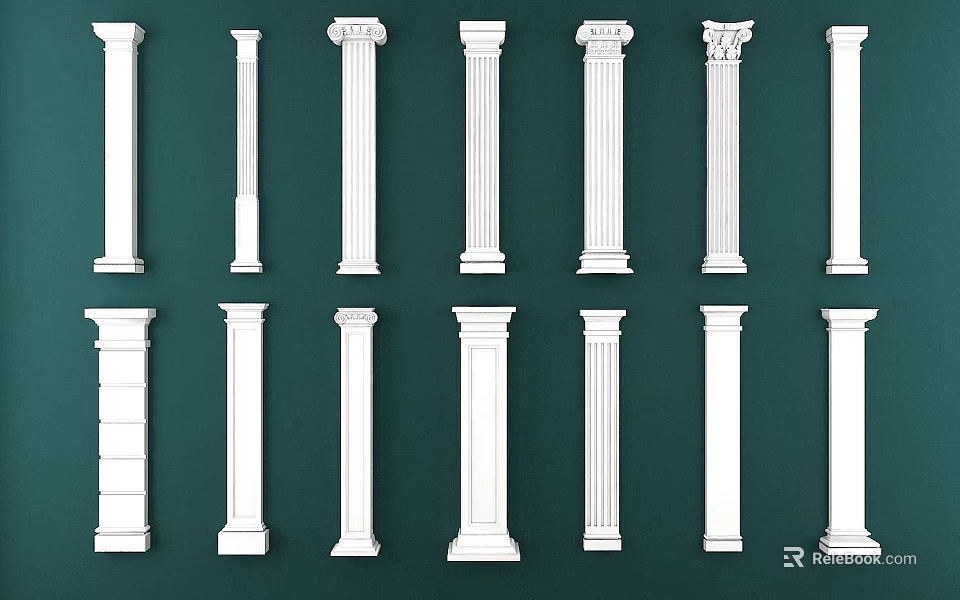 Roman Columns With Various Classical Styles And Decorative Designs On Green Background 3d model 