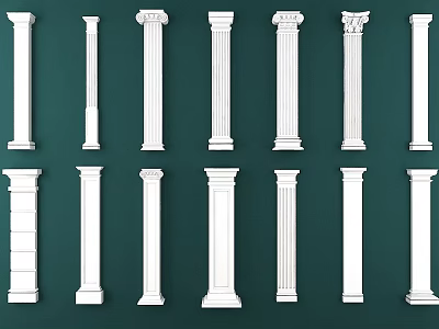 Roman Columns With Various Classical Styles And Decorative Designs On Green Background 3d model