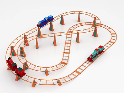 Electric Toy Train Set With Orange Tracks And Multiple Trains For Kids 3d model