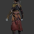 Woman In Decorative Armor With Sword And Unique Hairstyle Standing In Traditional Outfit