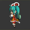 Cute Teal Twin Ponytails Character With Cat Creature Ears And Red Outfit Gold Decorations