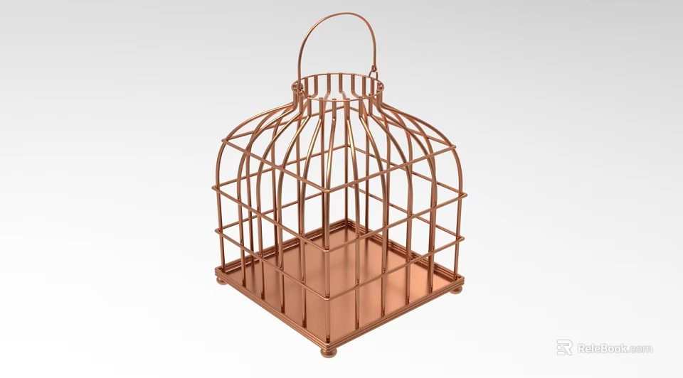 Ornamental Copper Metal Birdcage With Open Frame Handle And Square Base 3d model 