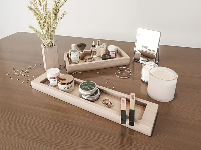 Natural Vanity Table Setup With Wooden Trays Holding Perfume Cosmetics Skincare Products And Decorative Candle 3d model