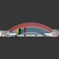 Modern Large Venue Architectural Design With Unique Red Striped Roof And Glass Facade