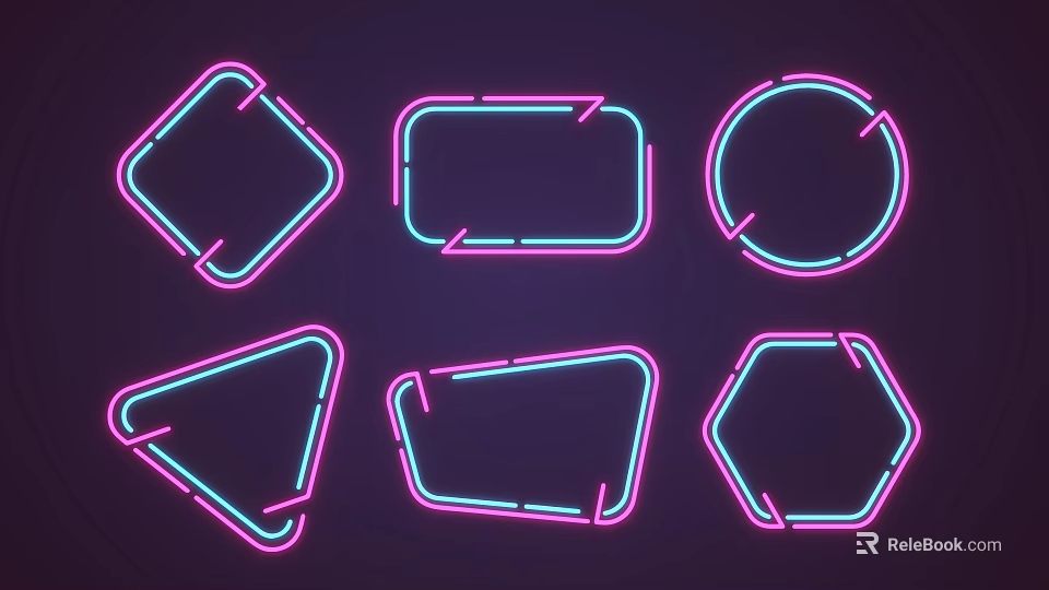 Neon Decorative Lights with Various Geometric Shapes in Pink and Blue on Dark Purple Background 3d model 