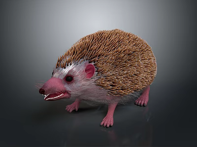 Adorable Hedgehog With Brown Spines Pink Face Open Mouth And Pink Paws On Dark Background 3d model
