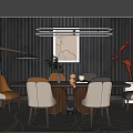 Modern Dining Table Set With Multi Colored Chairs Hanging Pendant Light And Gray Textured Wall 3d model