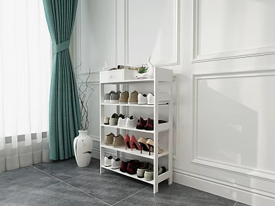 White Multi Tiered Shoe Rack With Various Shoes And Decorative Plant In Living Room 3d model