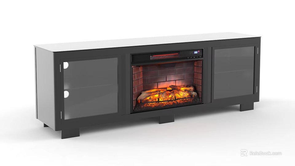 Modern TV Stand With Electric Fireplace Glass Doors And Realistic Flame Effect 3d model 