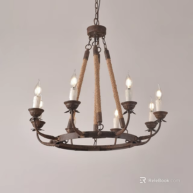 Rustic Iron Chandelier With Rope Wrapped Arms And Candle Shaped Light Holders 3d model 