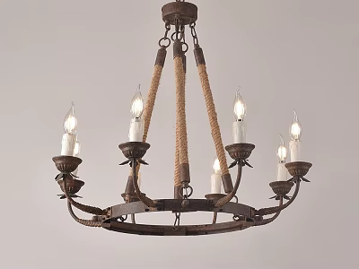 Rustic Iron Chandelier With Rope Wrapped Arms And Candle Shaped Light Holders 3d model