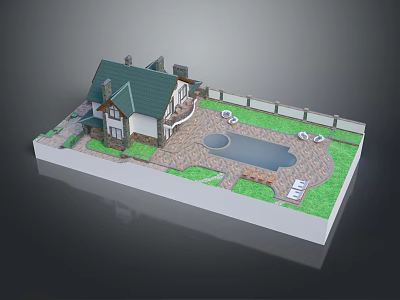 Cartoon Scene Featuring Cozy House With Green Roof Swimming Pool Stone Path Lawn And Fence 3d model
